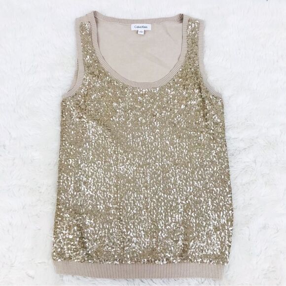 CALVIN KLEIN Gold Sequin Tank Top Sleeveless Blouse Silk Blend Metallic‎ Small - Picture 3 of 9